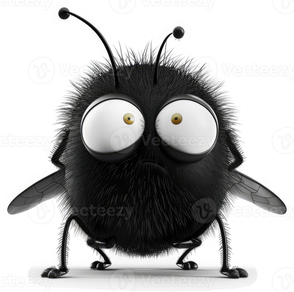 Cartoonish black fly with worried expression. png