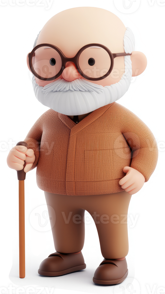 Cartoon depiction of an elderly gentleman with a walking stick. png