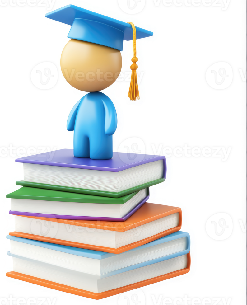 Graduation and knowledge represented by a figure on a stack of books. png