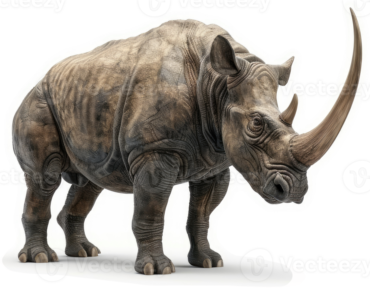 A large, ancient-looking rhinoceros stands poised. png