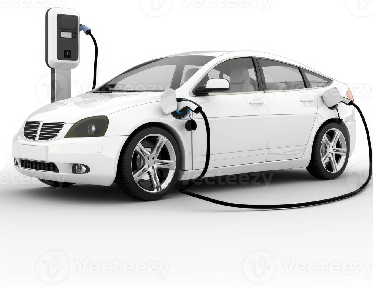 White electric vehicle charging at a public charging station. png