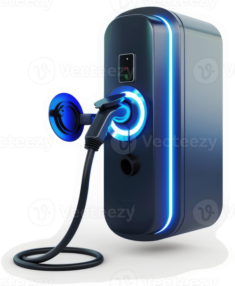 Modern electric vehicle charging station with illuminated panel. png
