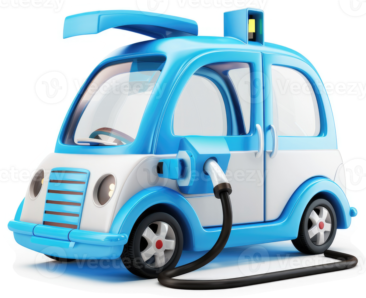Light-blue, retro-style electric vehicle being charged. png