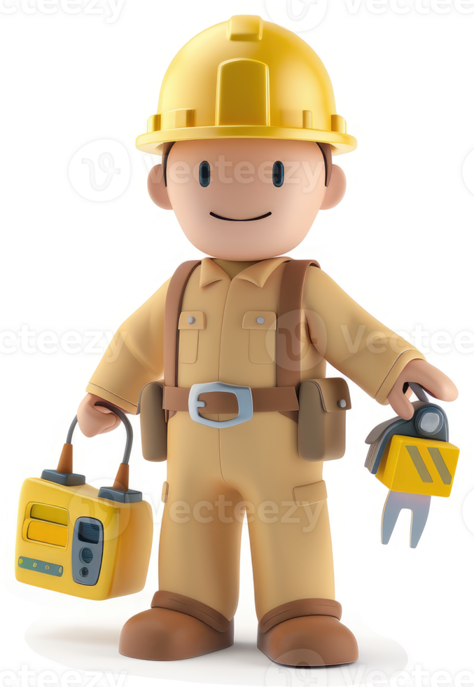 Smiling cartoon construction worker equipped for work. png