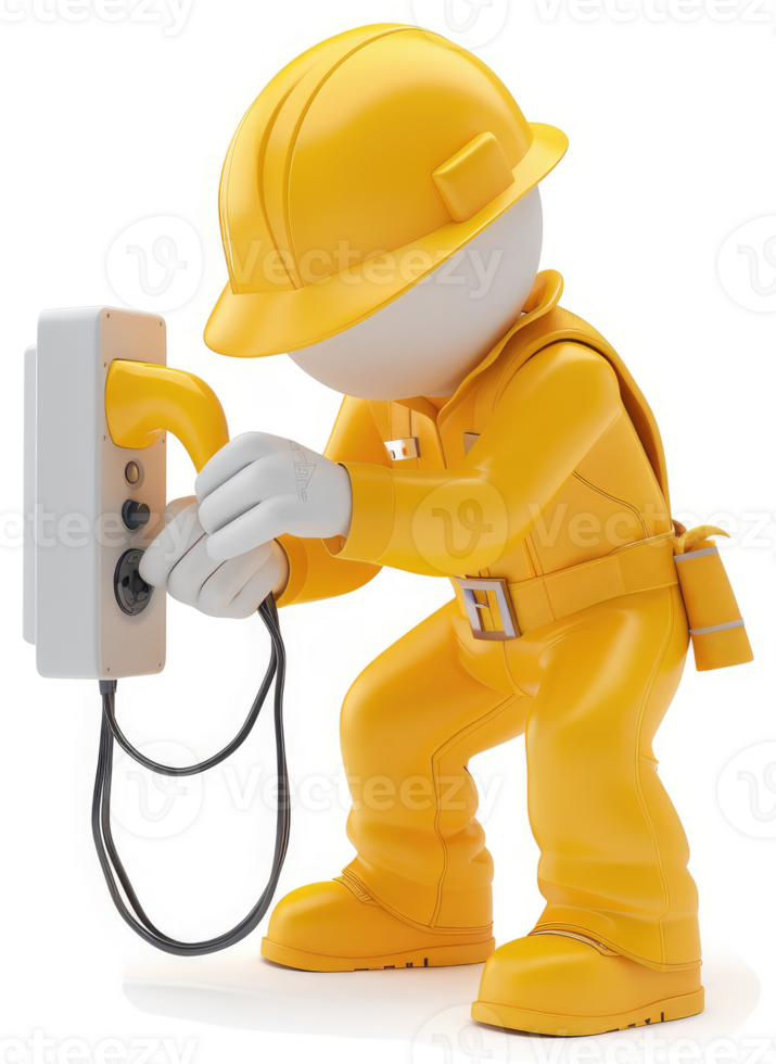 A 3D illustration of a construction worker fixing an electrical outlet. png
