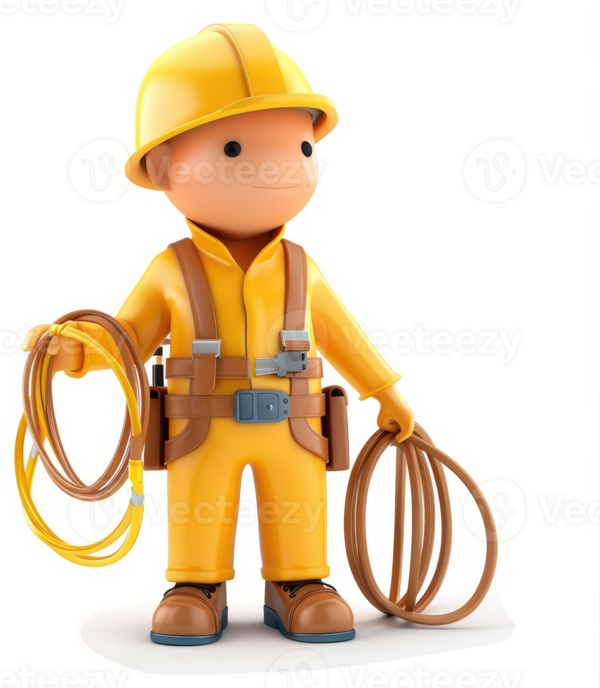 Smiling, cartoon construction worker holds coiled electrical cables. png