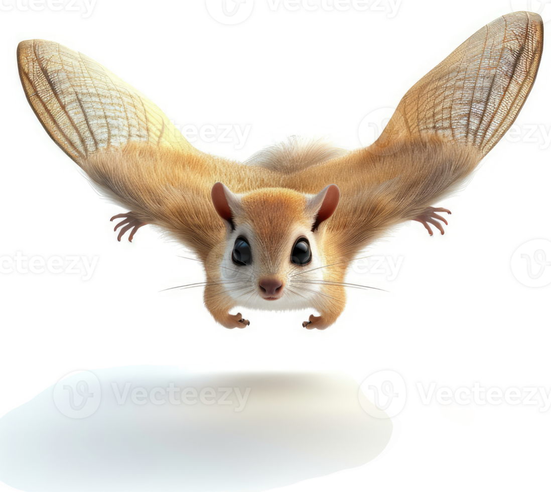 Flying squirrel in mid-air, displayed against a white backdrop. png