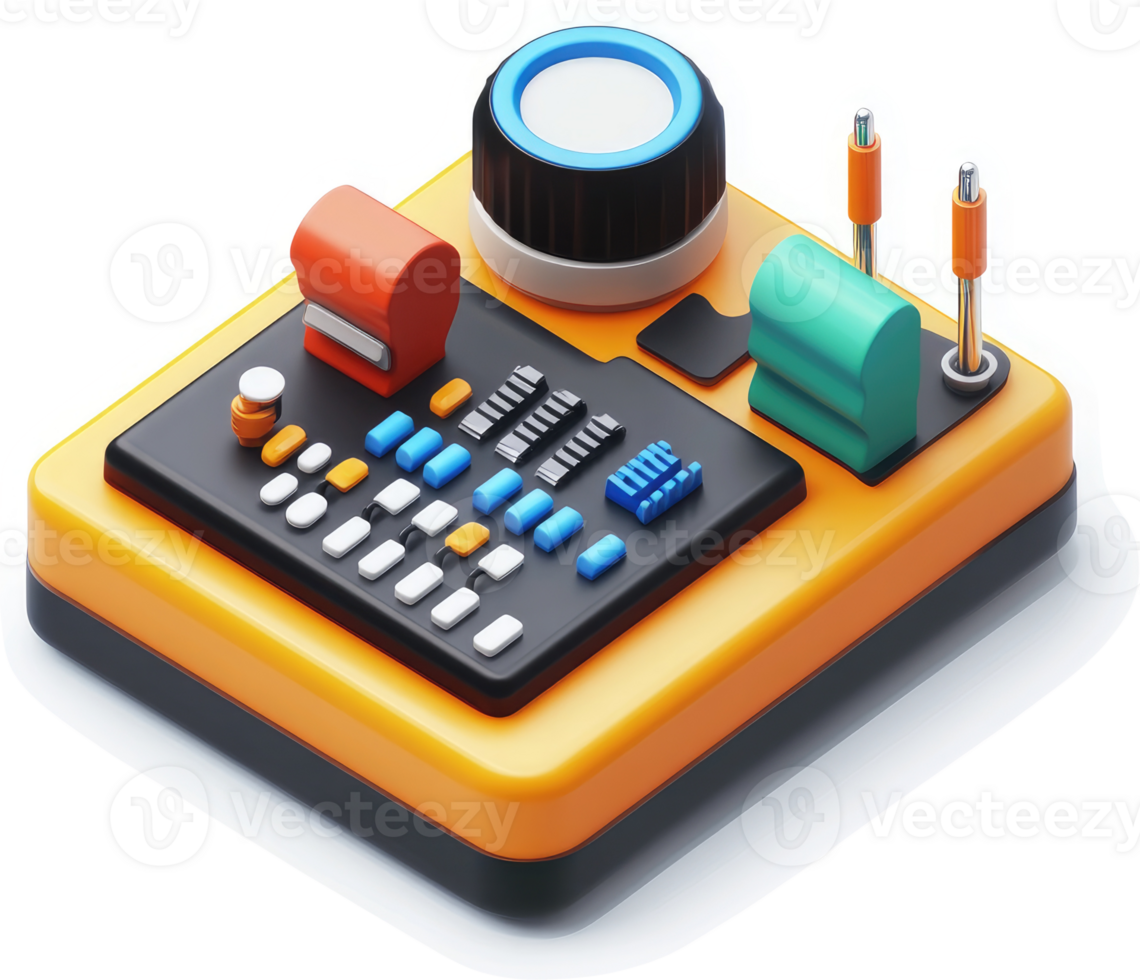 A vibrant, orange control panel with numerous adjustable components. png