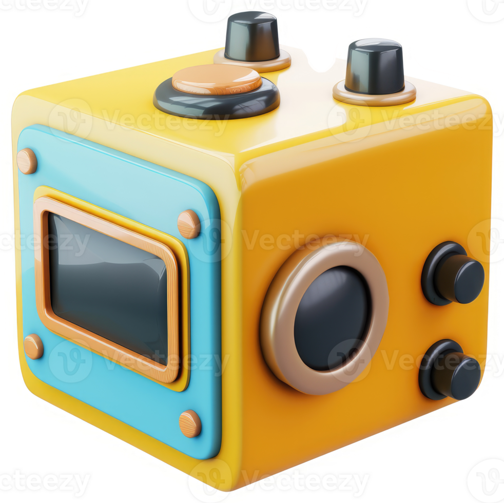 A stylized, cube-shaped electronic device with retro design elements. png