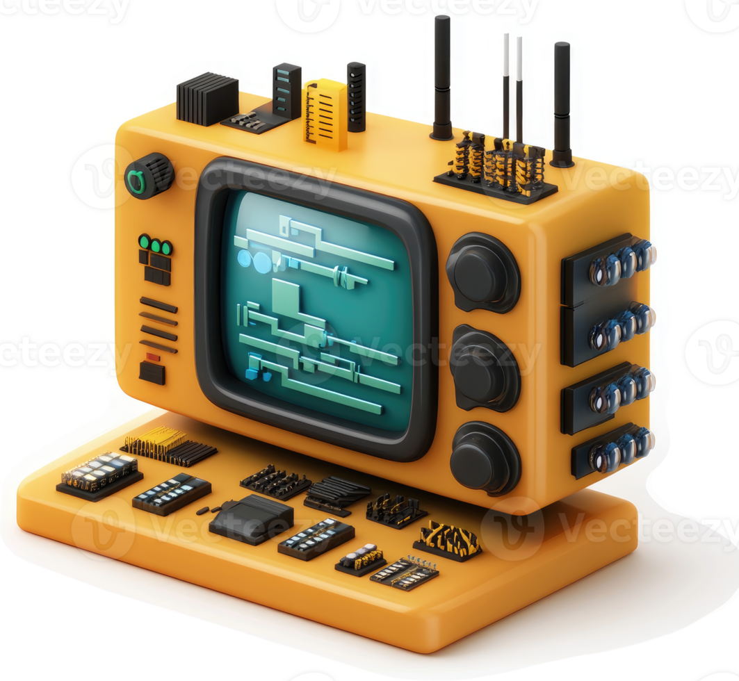Retro-styled computer, showcasing internal components and circuitry. png