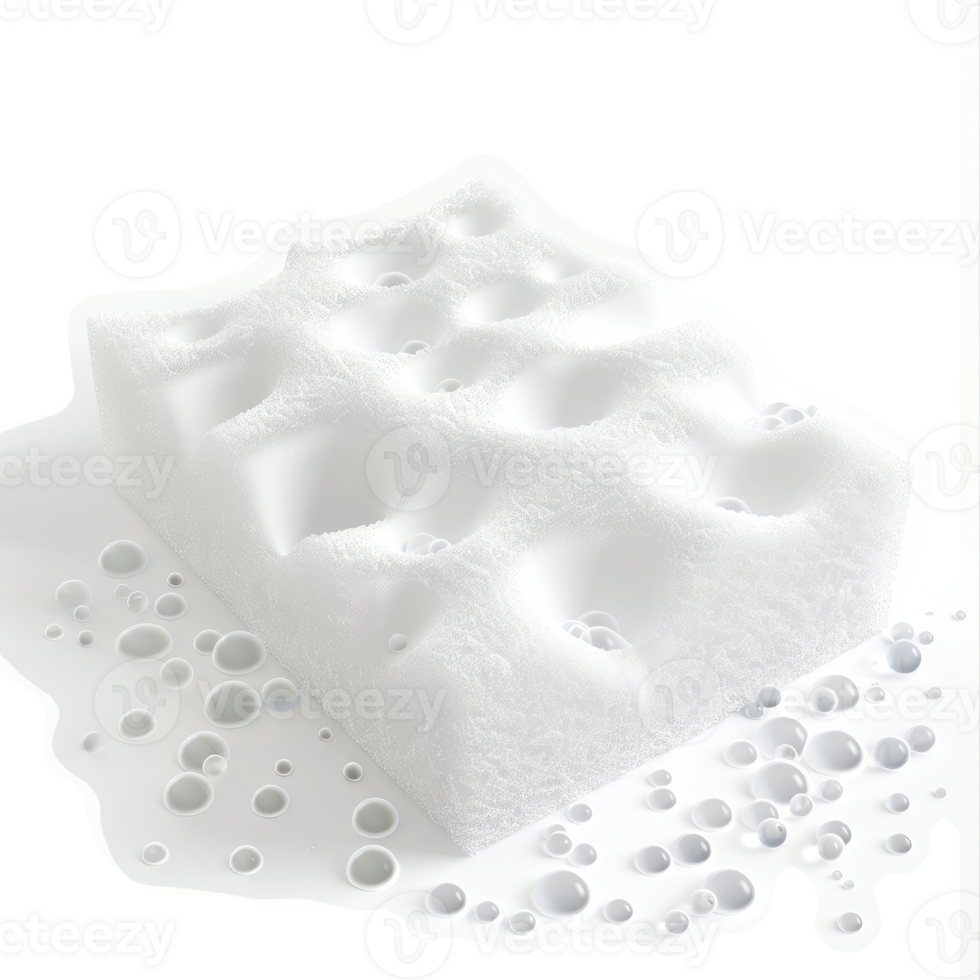White cleaning sponge with textured surface and water droplets. png
