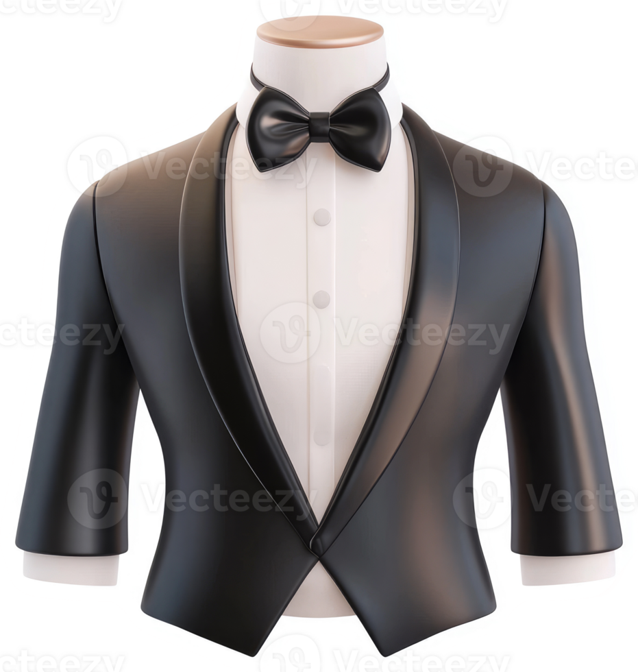 Formal black tuxedo jacket and bow tie displayed on a mannequin. png