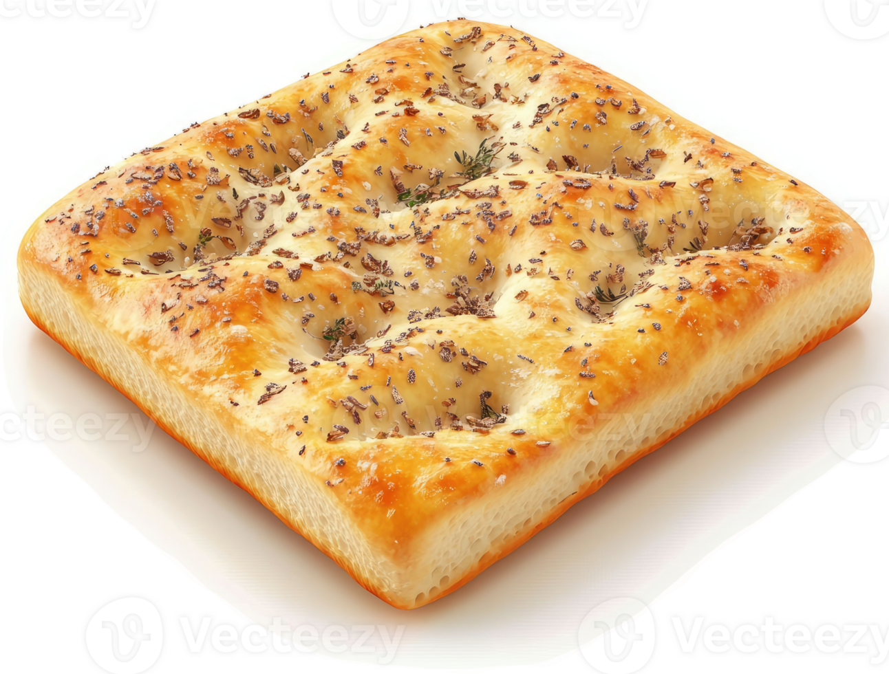 Square, golden-brown focaccia with herbs and seeds. png