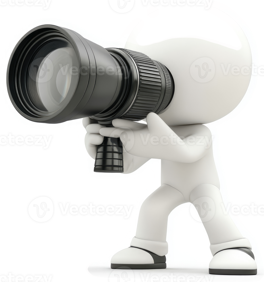 White figure person holding a large camera lens. png