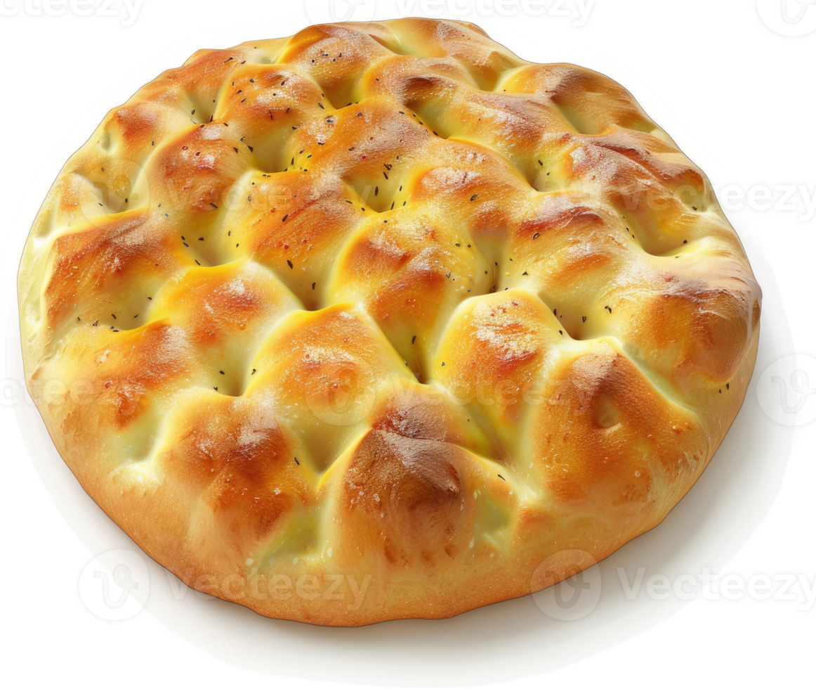 Round, golden-brown flatbread with poppy seeds. png
