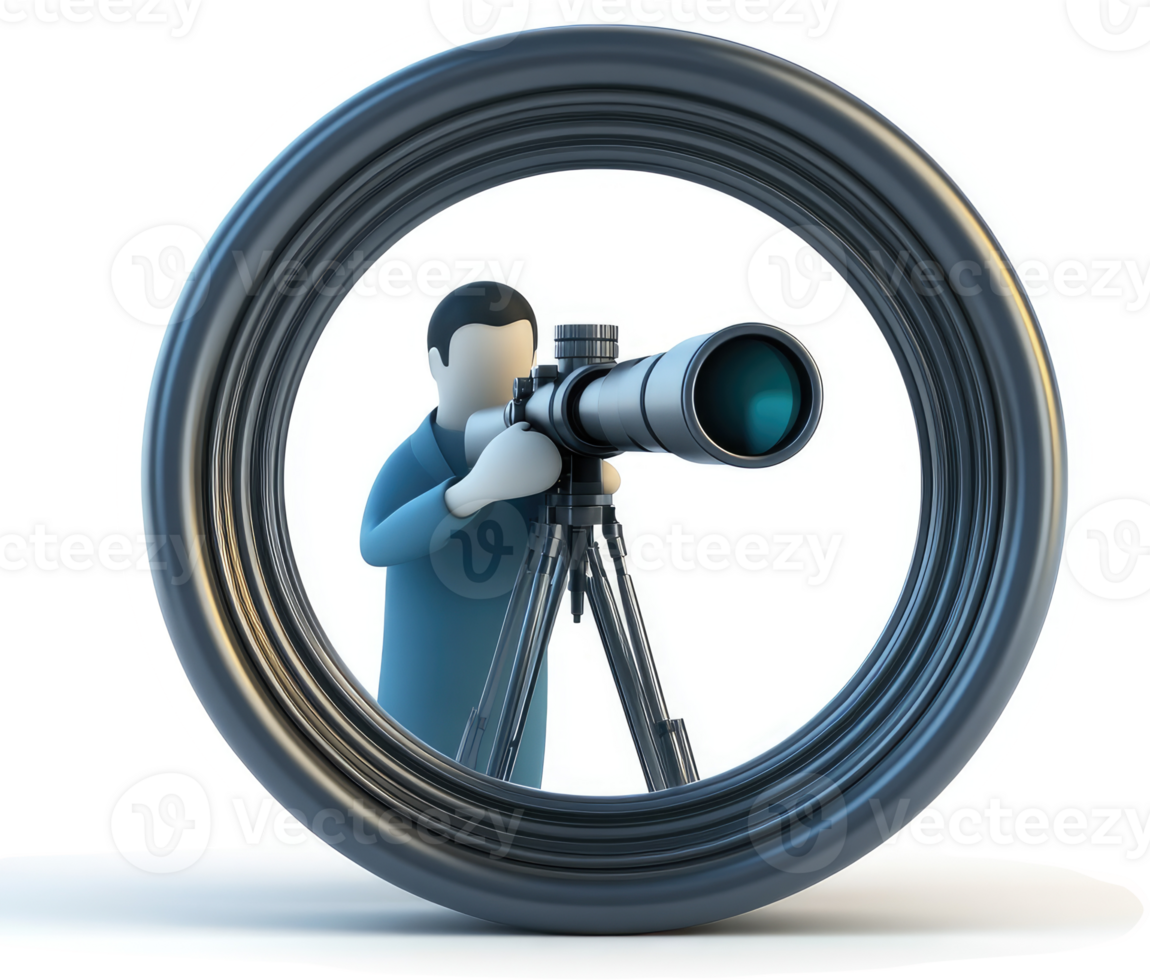 A person observes through a large telescope within a circular frame. png
