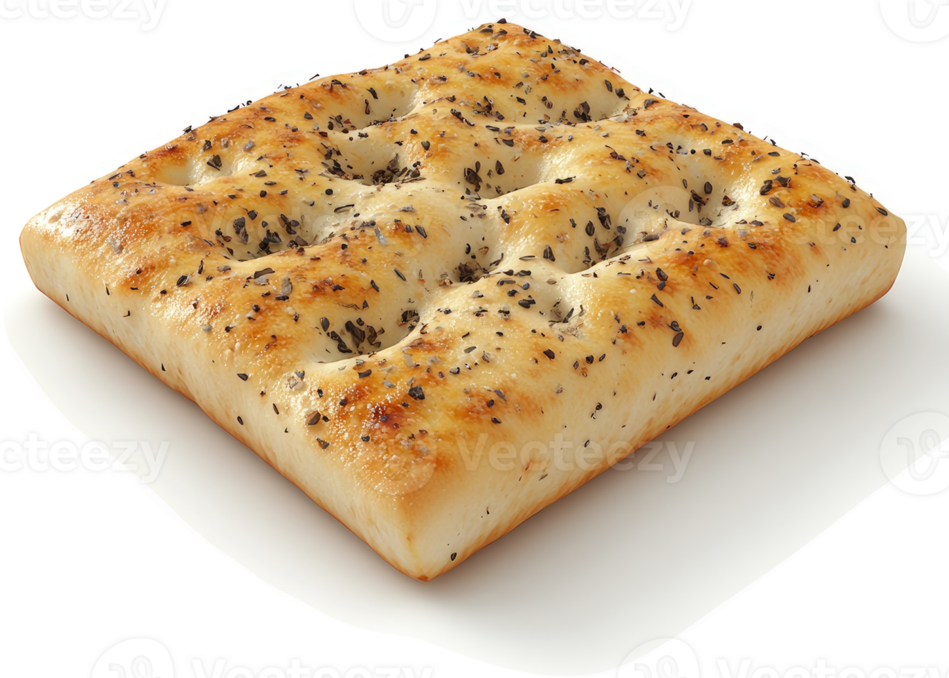 Square, golden-brown focaccia, sprinkled with herbs and seeds. png