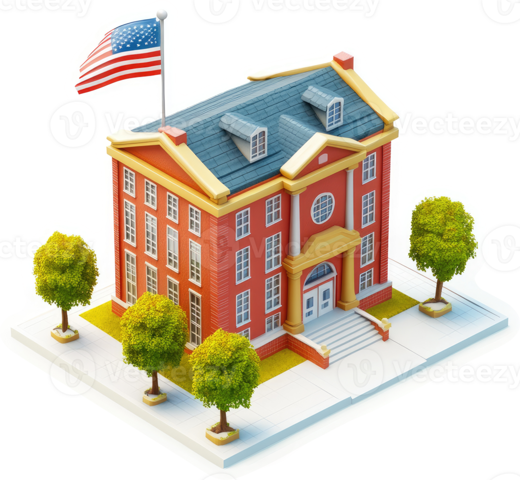 Isometric rendering of a historical american school building. png