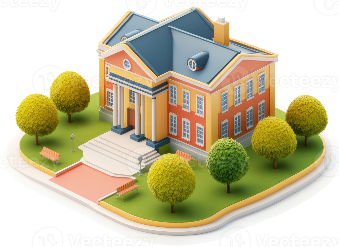 Colorful, three-dimensional rendering of a classic college building. png