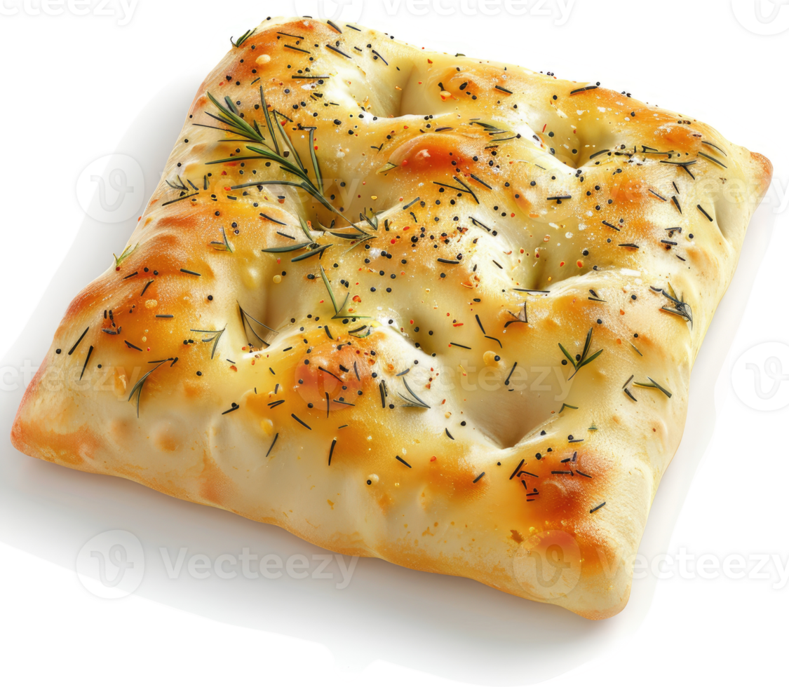 Square artisan bread topped with herbs and seeds. png