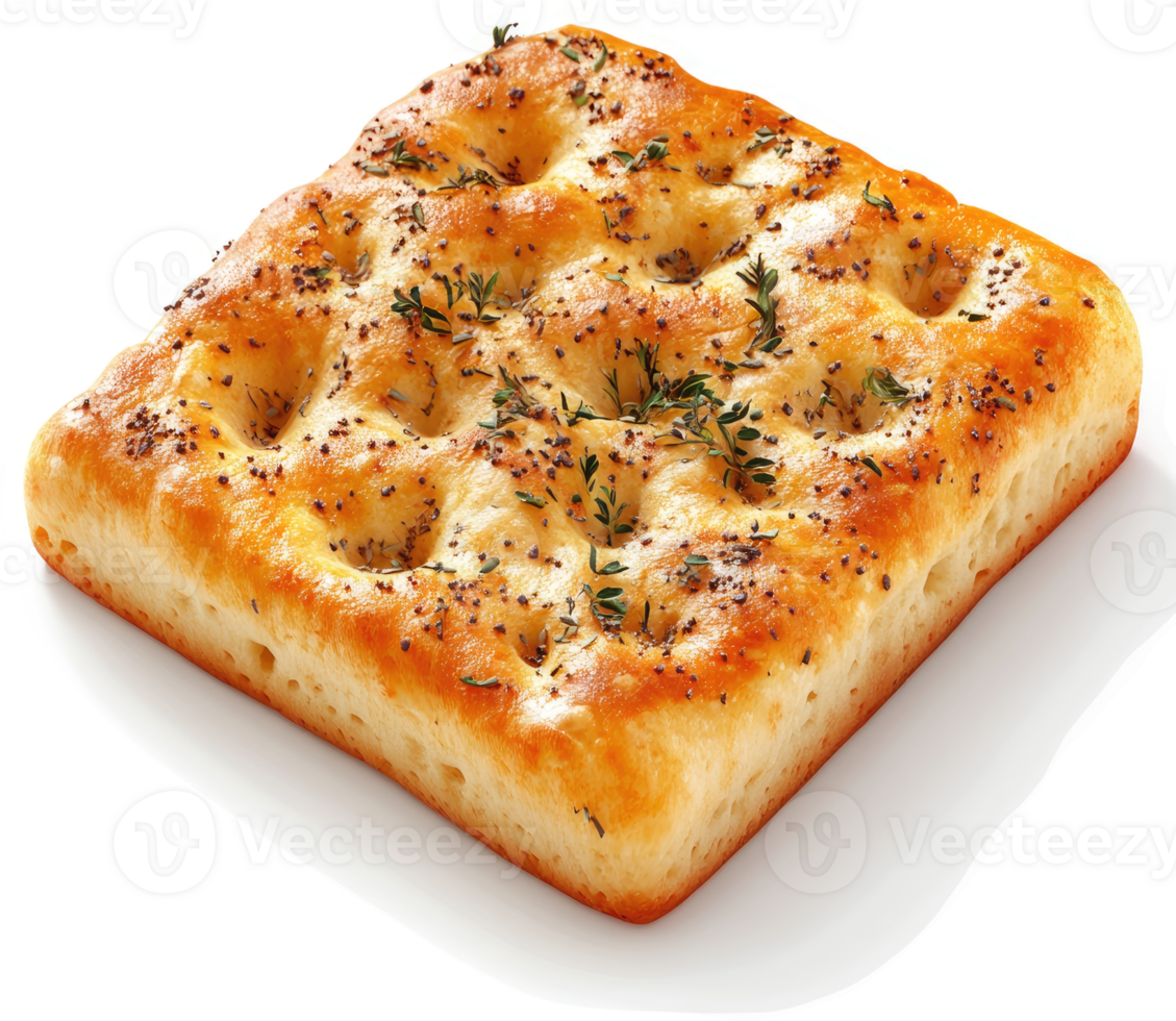 Square, golden-brown focaccia topped with thyme and poppy seeds. png