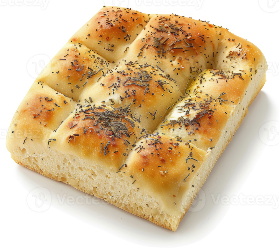 Square, golden-brown bread, studded with poppy seeds and herbs. png