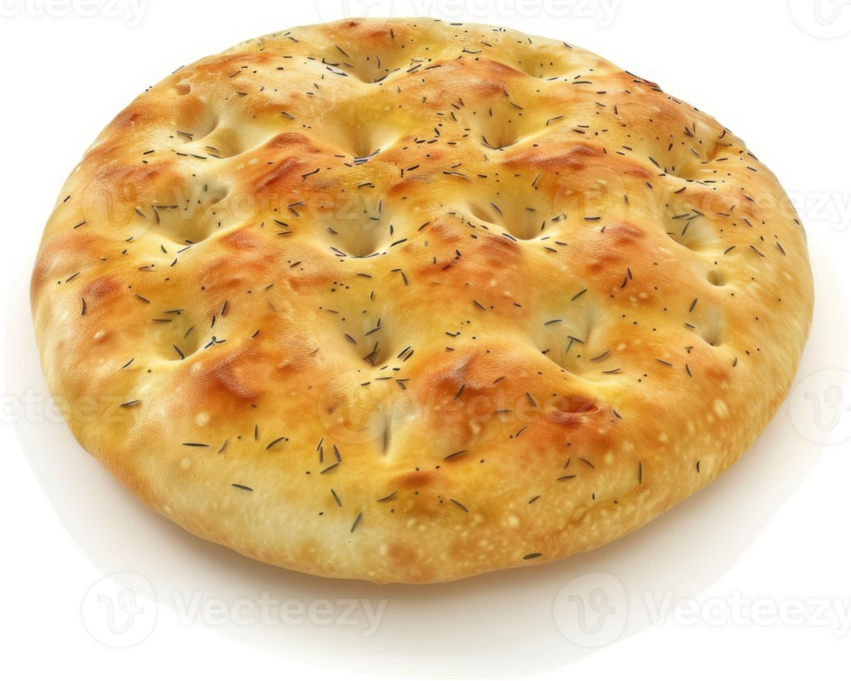 Golden round focaccia bread with crispy texture. png
