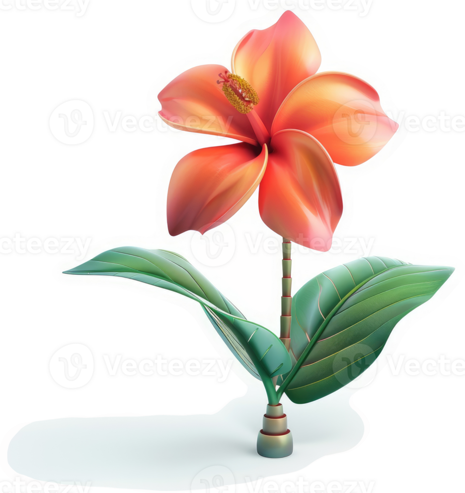 Vibrant coral hibiscus flower and leaves in a stylized design. png
