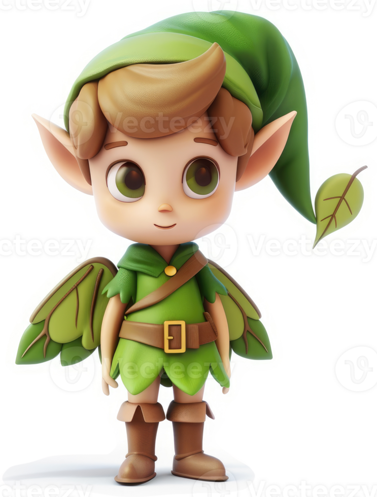 Adorable elf boy in green attire with leaf-like wings. png