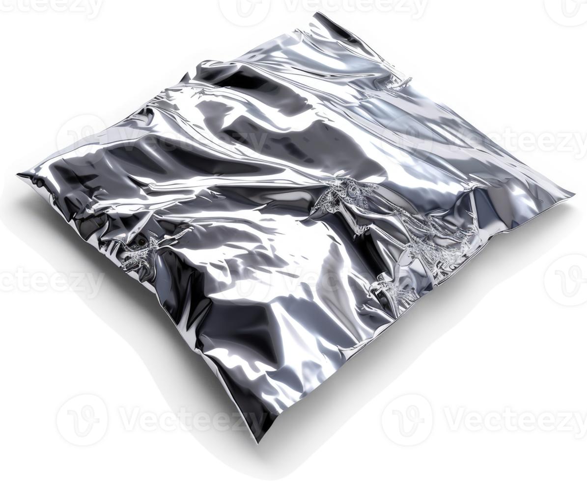 Shiny metallic foil packet lies flat on a surface. png