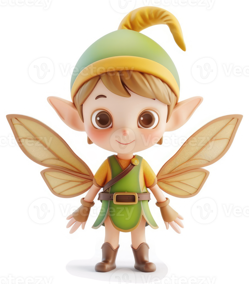 Smiling little fairy with wings and a green outfit. png