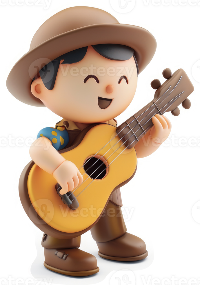Smiling boy in scout uniform plays an acoustic guitar. png