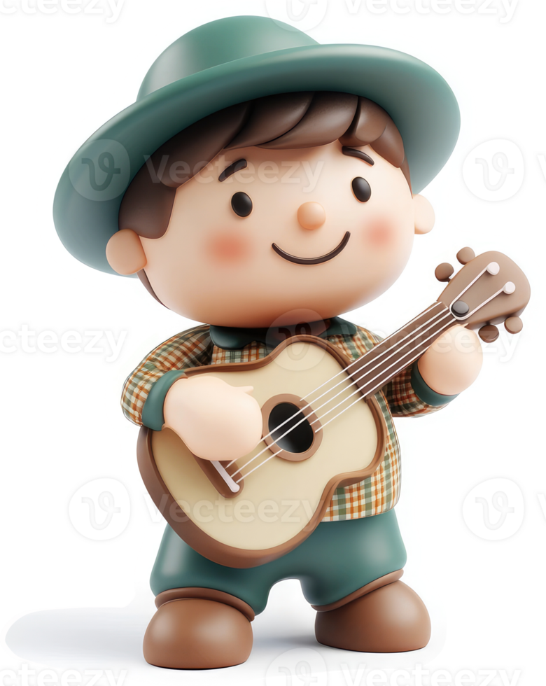 Cheerful boy plays a guitar happily. png
