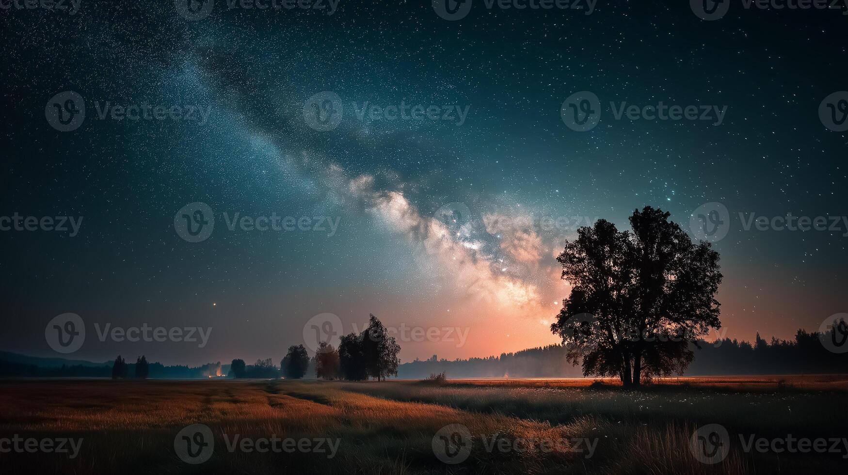 The milky way over a field with trees and a sky photo