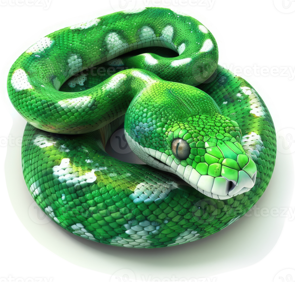 Emerald green snake coiled, displaying intricate patterns. png