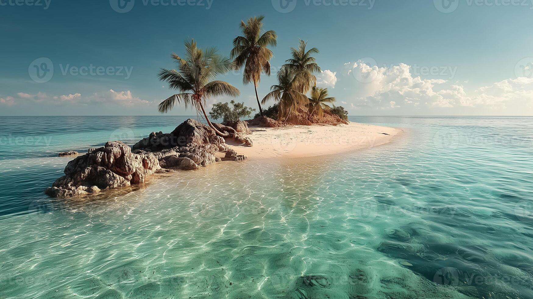 Tropical island with palm trees and rocks in the ocean photo