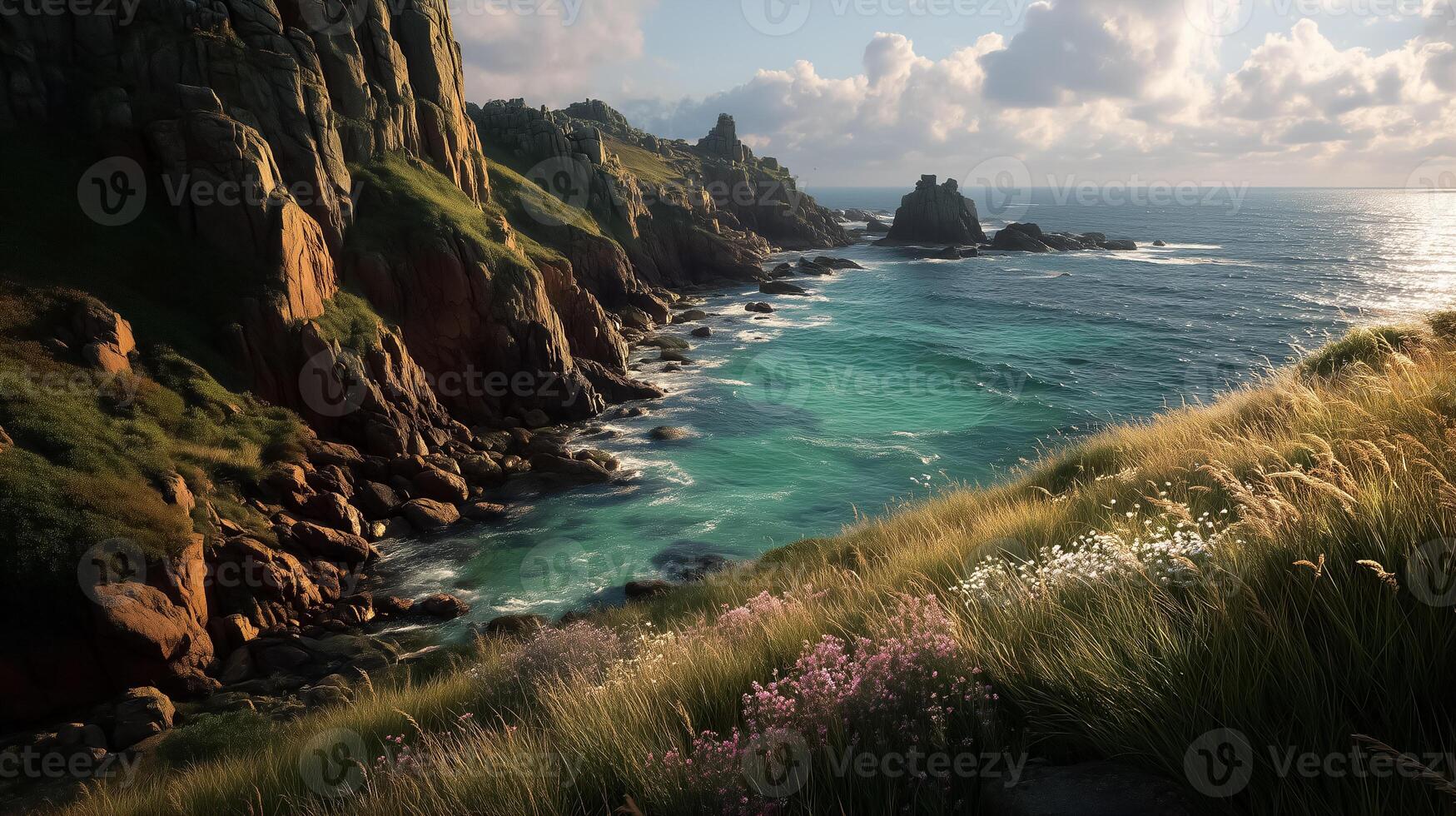 The sunset over the ocean with grass and flowers photo
