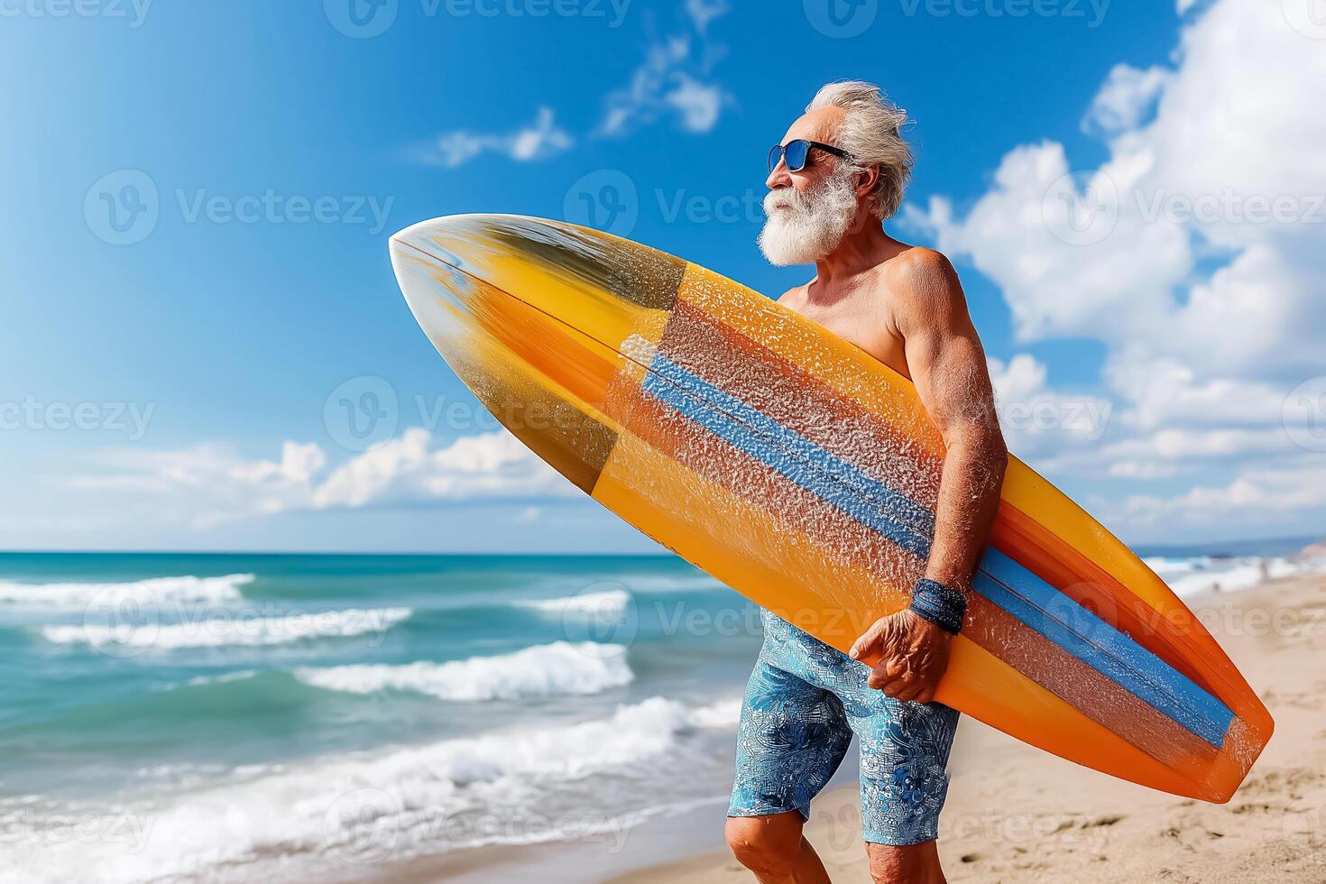 An old man with a beard and sunglasses holding a surfboard photo