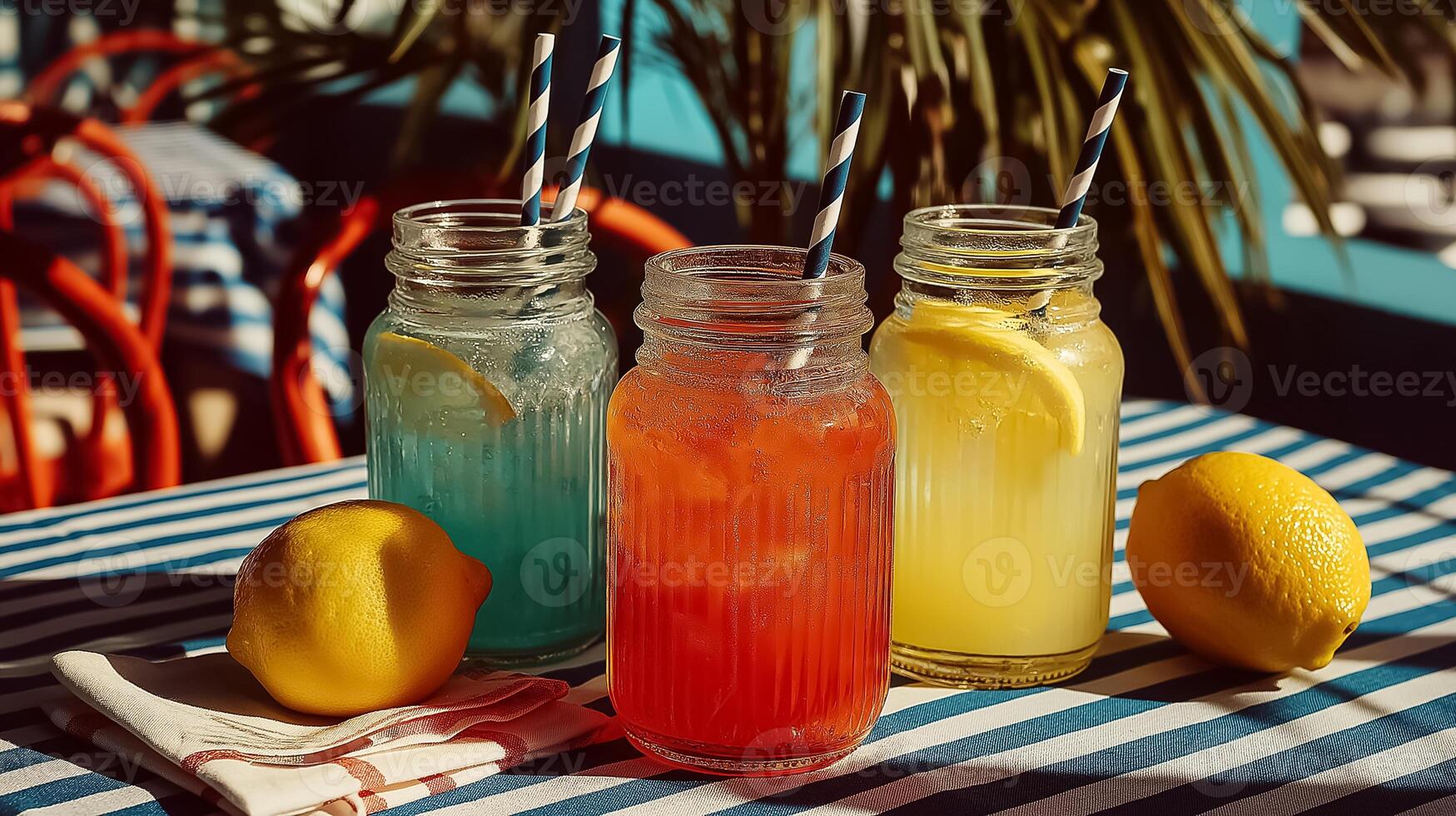 Three drinks in glass jars on a table photo