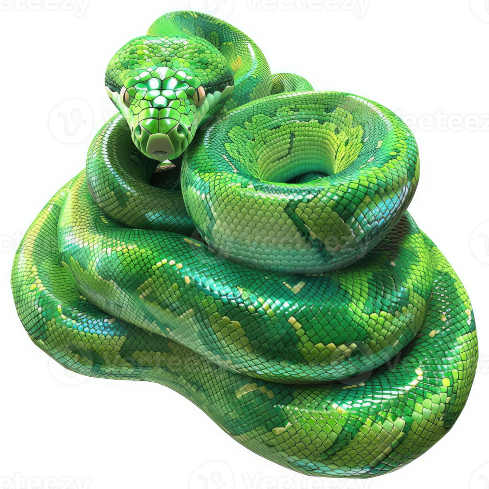 Vibrant emerald green snake coiled in a protective posture. png