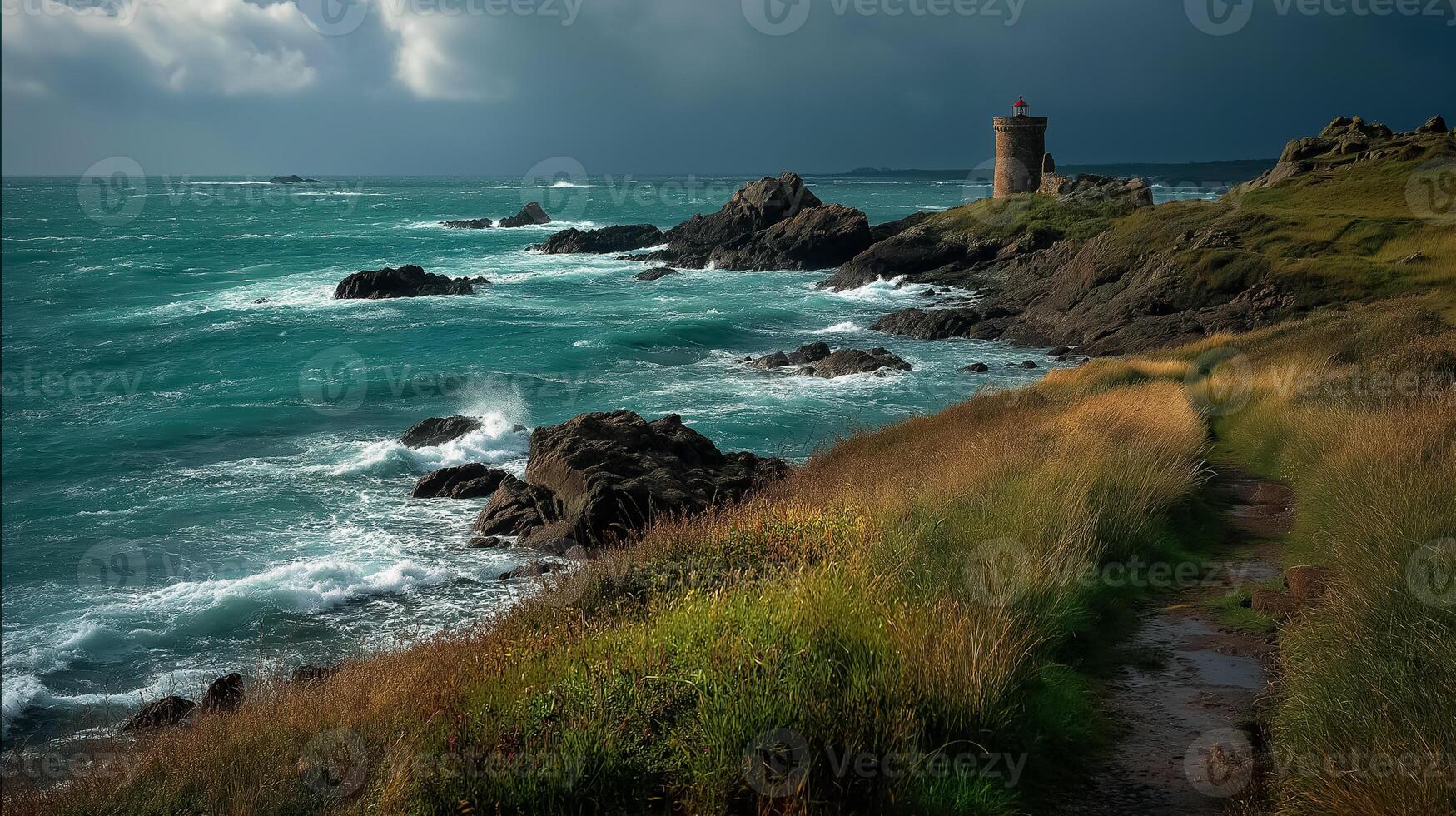 A lighthouse on the coast with a stormy sky photo