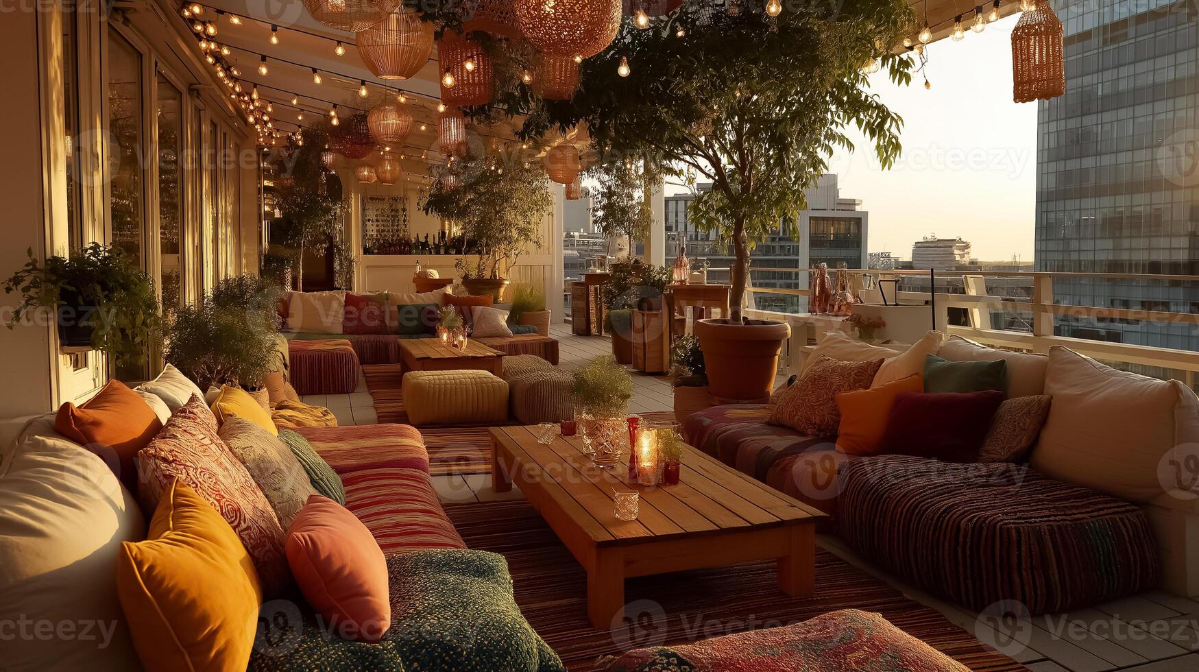 A balcony with lots of colorful pillows and furniture photo