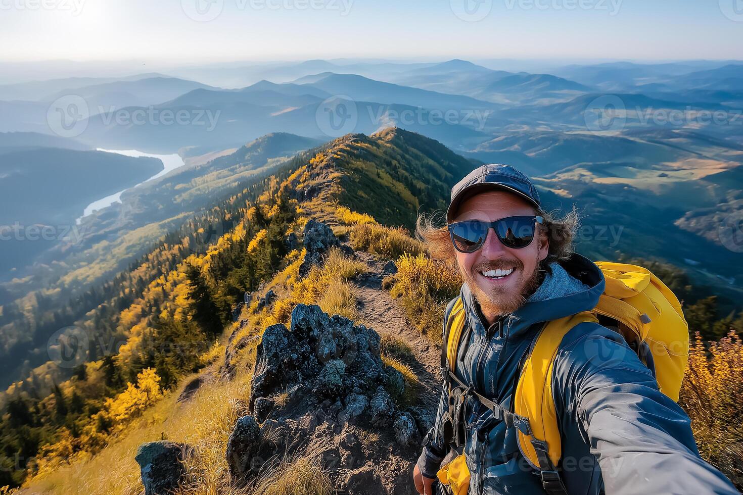 A man with a backpack and sunglasses taking a selfie on a mountain photo