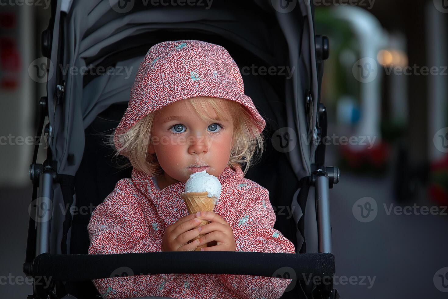 A little girl sitting in a stroller eating an ice cream cone photo