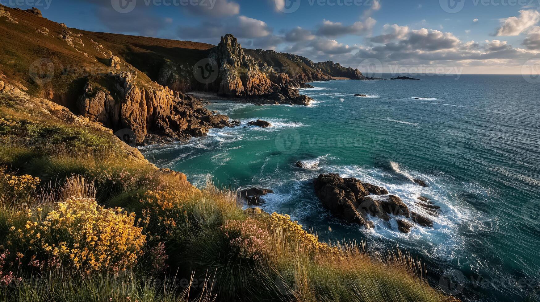 The cliffs and sea at sunset with yellow flowers photo