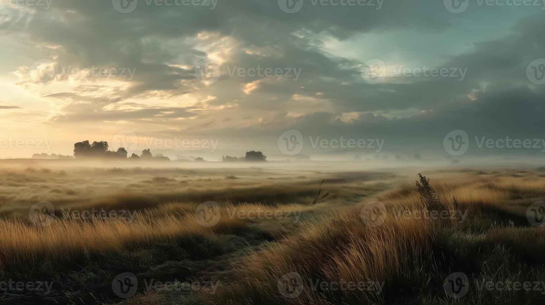 A foggy field with tall grass and a castle in the distance photo