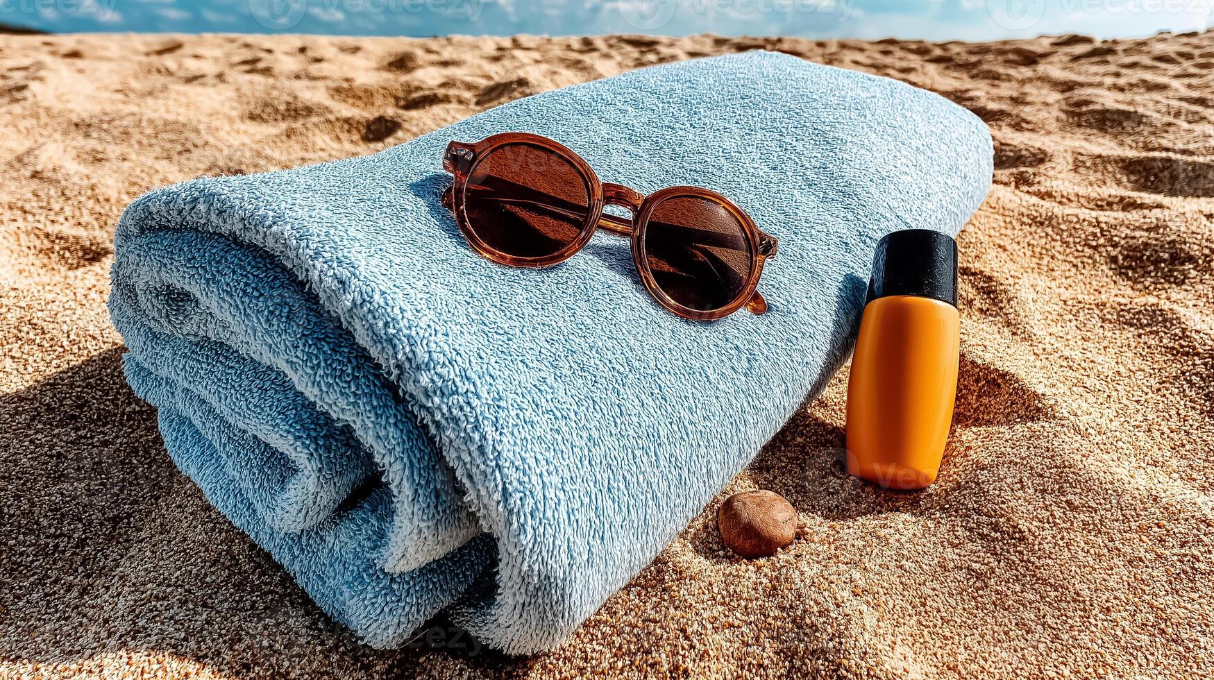 A towel, sunglasses and a bottle of sunscreen on the beach photo