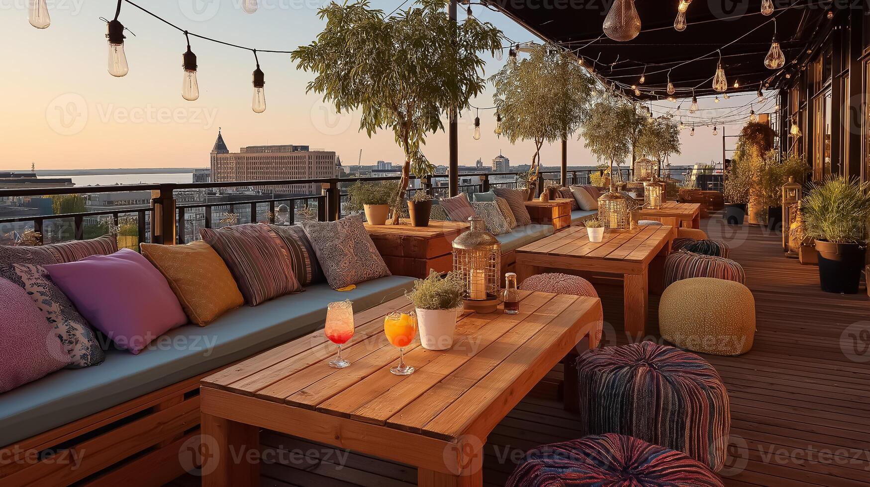 A rooftop terrace with wooden tables and chairs photo