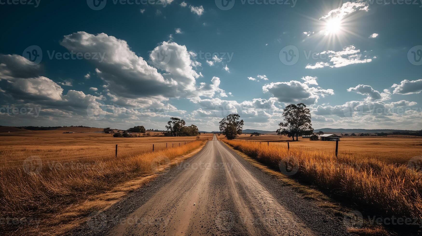 A dirt road in the middle of a field with clouds in the sky photo