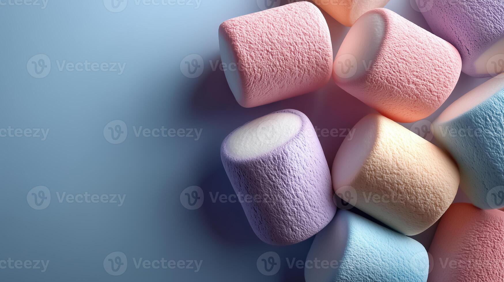 A group of colorful marshmallows on a blue background photo